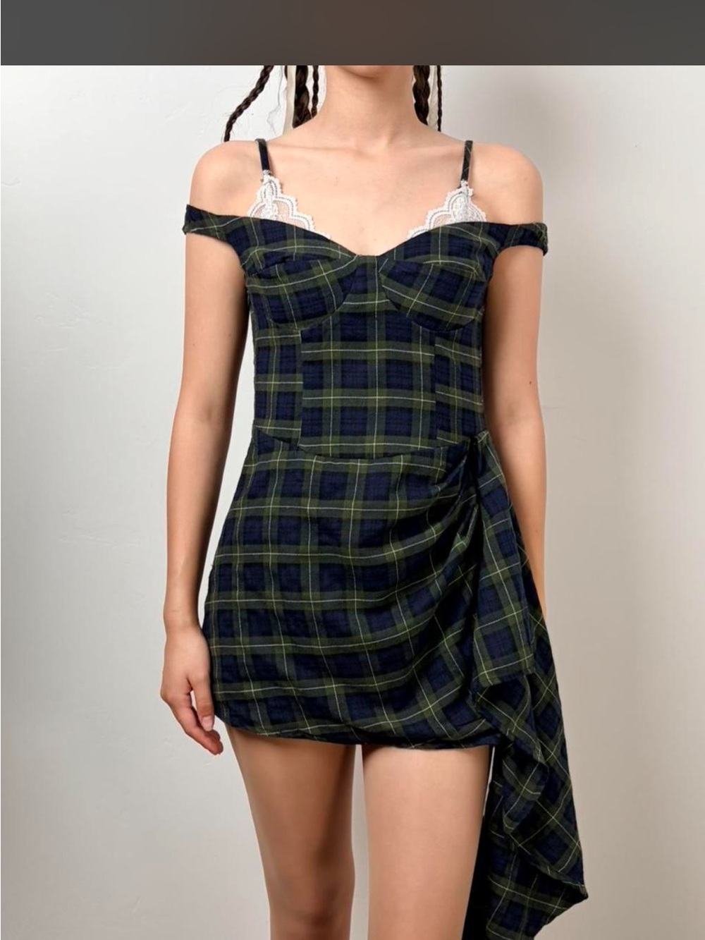 Cider - Plaid Asymmetric Dress with Draped Skirt and Lace Trim - Picture 1 of 5